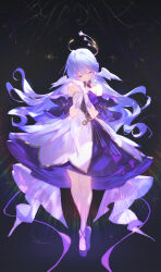  1girl adelie_cat bare_legs bare_shoulders black_background bracelet closed_eyes closed_mouth detached_collar detached_sleeves dress elbow_gloves facing_viewer floating floating_hair full_body gloves hair_between_eyes hair_spread_out halo head_wings highres honkai:_star_rail honkai_(series) jewelry knees_together_feet_apart long_hair purple_dress purple_footwear purple_hair purple_sleeves robin_(honkai:_star_rail) shoes short_sleeves sidelocks simple_background smile solo strapless strapless_dress two-sided_dress two-sided_fabric white_dress white_gloves wings 