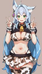 1girl :d absurdres animal_ear_fluff animal_ears animal_print bell bikini blue_hair breasts chinese_zodiac cleavage cow_print cow_print_bikini cowbell cowboy_shot earrings fang fox_ears foxyreine gradient_hair green_eyes grey_background hands_up highleg highleg_bikini highres index_finger_raised jewelry large_breasts long_hair looking_at_viewer midriff miniskirt multicolored_hair navel open_mouth original pleated_skirt print_bikini short_sleeves shrug_(clothing) simple_background sister_reine_(foxyreine) skindentation skirt smile solo standing stomach swimsuit thighhighs v very_long_hair white_bikini white_skirt white_thighhighs wing_collar wrist_cuffs year_of_the_ox zettai_ryouiki rating:Sensitive score:45 user:danbooru