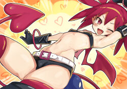  1girl absurdres arm_strap armpits black_bra black_gloves black_shorts blush boots bra breasts bright_pupils commentary covered_erect_nipples demon_girl demon_tail demon_wings disgaea etna_(disgaea) fang gloves heart highres jank365m loli looking_at_viewer makai_senki_disgaea navel one_eye_closed open_mouth prinny red_eyes red_hair short_hair short_shorts shorts slit_pupils small_breasts smile solo_focus stomach tail thigh_boots thighs twintails underwear white_pupils wings 