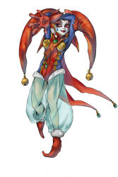  1girl bell cape chrono_(series) chrono_cross donarudo_coffee84 facepaint female_focus full_body gloves harle_(chrono_cross) hat jester jester_cap pointy_footwear red_eyes see-through shoes simple_background solo teardrop_tattoo white_background 
