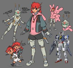  &gt;_&lt; 2girls android animal_hood asticassia_school_uniform black_eyes black_shorts closed_jacket clothed_robot drawstring english_text ericht_samaya green_eyes green_jacket grey_background gundam gundam_aerial gundam_suisei_no_majo hair_between_eyes hairband highres holding holding_stuffed_toy hood hoodie hots_(gundam_suisei_no_majo) humanoid_robot jacket joints layered_clothes mecha mobile_suit multiple_girls multiple_views no_mouth open_clothes open_jacket peco2057 pink_hoodie rabbit_hood red_hair reference_inset robot robot_ears robot_girl robot_joints school_uniform short_hair shorts siblings simple_background sisters sketch smile stuffed_animal stuffed_rabbit stuffed_toy suletta_mercury thick_eyebrows white_jacket white_shorts 