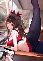 1girl 1other alternate_costume arm_up black_pants blurry blurry_background breasts brown_hair butterfly-shaped_pupils commentary english_commentary hair_ribbon highres holding holding_phone honkai:_star_rail honkai_(series) large_breasts leg_up long_hair looking_at_viewer lying mole mole_under_each_eye mole_under_eye multiple_moles navel open_mouth pants patreon_username phone pink_eyes red_ribbon red_sports_bra ribbon solo_focus sparkle_(honkai:_star_rail) sports_bra squchan stretching symbol-shaped_pupils twintails twitter_username yoga yoga_pants 