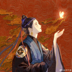  1girl beads black_eyes black_hair black_robe black_sleeves blue_vest bug butterfly chinese_clothes chinese_commentary circle closed_mouth commentary_request dangle_earrings earrings eyeshadow fog glowing_butterfly gold_earrings hair_beads hair_bun hair_ornament hair_ribbon hand_up hanfu highres insect jewelry lipstick long_sleeves looking_at_animal looking_at_viewer makeup original purple_ribbon qihe_hehe red_background red_lips red_ribbon ribbon robe short_hair simple_background single_hair_bun smile solo two-sided_sleeves upper_body vest weibo_watermark wide_sleeves yellow_butterfly 
