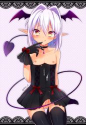  1boy aichi_shiho crossdressing cum demon_boy demon_tail demon_wings dress erection gloves head_wings jewelry lace male_focus necklace nipples penis pointy_ears signature solo tagme tail thigh_high_socks trap white_hair wings yellow_eyes  rating:Explicit score:50 user:Sebnitz97