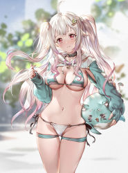  1girl 77gl armpit_cutout bikini black_choker blurry blurry_background blush breasts choker clothing_cutout commentary_request day fang gradient_hair hair_ornament hayama_marin holding large_breasts long_hair long_sleeves multicolored_hair nijisanji outdoors pink_eyes pink_hair side-tie_bikini_bottom skin_fang striped_bikini striped_clothes swimsuit two_side_up virtual_youtuber white_hair 
