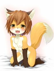  1girl animal_ears animal_hands barefoot blush breasts brown_hair fang feet female_focus fox fox_ears fox_tail furry furry_female kagerofu loli looking_at_viewer nipples nude open_mouth pawpads small_breasts smile soles solo tail toes yellow_eyes  rating:Questionable score:177 user:Mast3r_Ch33f