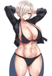  1girl angel_(kof) arms_behind_head bikini bikini_top_only breasts cleavage drawfag front-tie_bikini_top front-tie_top grey_hair grin hair_over_one_eye half-closed_eyes highres jacket large_breasts legs looking_at_viewer midriff navel open_clothes open_jacket pink_lips seductive_gaze seductive_smile short_hair smile snk solo swimsuit the_king_of_fighters thick_thighs thighs toned underwear  rating:Sensitive score:15 user:spk