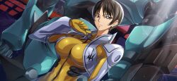  1girl arm_at_side armor artist_request bodysuit breasts brown_hair chiba_nagisa closed_mouth code_geass code_geass:_lost_stories cropped_vest dutch_angle female_focus game_cg gekka_(code_geass) grey_vest hand_up highres large_breasts light_particles light_rays looking_at_viewer matching_hair/eyes night non-web_source official_art outdoors shiny_clothes short_hair shoulder_armor sidelocks skin_tight solo standing upper_body v-shaped_eyebrows vest yellow_bodysuit zipper_pull_tab 