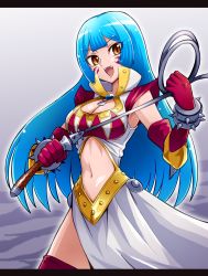  1girl armpits asymmetrical_skirt blue_hair blunt_bangs bracelet breasts cleavage clothing_cutout duel_monster elbow_gloves facial_mark gloves high_collar highres holding holding_whip jewelry long_hair looking_at_viewer medium_breasts midriff navel shadow_tamer smile solo spiked_bracelet spikes stomach_cutout thighhighs usoco very_long_hair whip yellow_eyes yu-gi-oh! zettai_ryouiki  rating:Sensitive score:3 user:danbooru