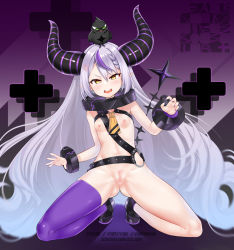  1girl anger_vein angry ass asymmetrical_legwear belt bird braid breasts cleft_of_venus clitoris collar crow crow_(la+_darknesss) decensored demon_girl female_focus full_body highres hololive holox horns la+_darknesss loli long_ears long_hair looking_at_viewer multicolored_hair nail_polish nipples nude open_hand open_mouth purple_hair pussy sereneandsilent small_breasts spread_legs streaked_hair tail third-party_edit virtual_youtuber white_hair yellow_eyes  rating:Explicit score:89 user:Burst_Affinity