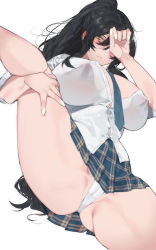  ass black_hair breasts cleavage closed_mouth collared_shirt covered_erect_nipples dress_shirt green_necktie green_skirt hair_between_eyes high_ponytail idolmaster idolmaster_shiny_colors large_breasts loose_necktie mimyo necktie panties plaid plaid_skirt pleated_skirt ponytail school_uniform shirase_sakuya shirt skirt sleeves_rolled_up solo spread_legs thighs underwear upskirt white_panties white_shirt yellow_eyes  rating:Questionable score:107 user:danbooru