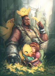  1boy 1girl arm_cannon barret_wallace beard bird bow bowl brown_eyes brown_hair child chocobo commentary creature dark-skinned_male dark_skin day dog_tags dress dzeta english_commentary facial_hair father_and_daughter feathers final_fantasy final_fantasy_vii fingerless_gloves flower full_beard gloves hairband highres holding holding_bowl light_rays light_smile looking_at_viewer making-of_available marlene_wallace medium_hair muscular muscular_male mustache pink_dress plant puffy_short_sleeves puffy_sleeves ruins scar scar_on_face shoes short_hair short_sleeves signature sitting size_difference sleeveless sparkle sunbeam sunlight torn_clothes vest weapon yellow_bird yellow_feathers yellow_flower 
