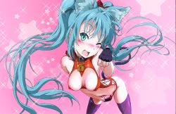  1girl ;d animal_ears ass bare_shoulders blue_eyes blue_hair blush breasts cat_ears cat_tail cleavage cleavage_cutout clothing_cutout collar covered_erect_nipples cowboy_shot fake_animal_ears fingerless_gloves gloves gradient_background hair_ribbon hatsune_miku kemonomimi_mode lock long_hair matching_hair/eyes medium_breasts one_eye_closed open_mouth ribbon shiika_sadamasa sleeveless smile solo tail thighhighs twintails vocaloid  rating:Questionable score:88 user:danbooru