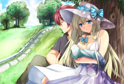1boy 1girl baby baby_carry bare_arms blonde_hair blue_bow blue_eyes blue_ribbon bow braid breasts carrying cleavage cloud collarbone day dress field grass hair_ribbon hat highres holding_baby liseanon liz_hohenstein long_hair muv-luv muv-luv_alternative outdoors ribbon schwarzesmarken side_braid sky sleeveless sleeveless_dress smile striped_bow striped_ribbon sun_hat sundress theodor_edelbach tree tree_shade twin_braids white_dress white_hat