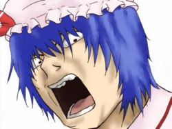 1girl :o blue_hair death_note female_focus open_mouth parody remilia_scarlet solo touhou white_background yagami_light rating:Sensitive score:5 user:MADFTW