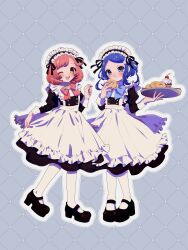  2girls absurdres alternate_costume apron ayase_naru black_dress black_footwear blue_background blue_bow blue_eyes blue_hair bow brown_eyes commentary_request cookie cupcake dress enmaided food frilled_apron frills full_body hand_up hands_up highres holding holding_food holding_tray juliet_sleeves long_sleeves looking_at_viewer maid maid_headdress mea_(meari_mr) multiple_girls open_mouth outline pink_bow pink_hair pretty_rhythm pretty_rhythm_rainbow_live pretty_series puffy_sleeves rinne_(pretty_rhythm) shoes short_hair smile standing tray white_apron white_outline 