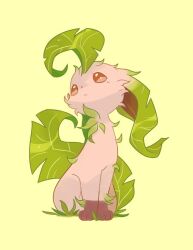 blush brown_eyes closed_mouth creatures_(company) game_freak gen_4_pokemon grass green_background kaschy leafeon looking_up nintendo pokemon pokemon_(creature) simple_background solo