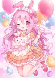  1girl ;d absurdres animal_ears balloon bloomers blush bow dot_nose dress easter frills full_body hair_between_eyes hair_bow hair_ornament hairband high_heels highres holding holding_stuffed_toy layered_dress long_hair maid mimikkyu_(mimikyunosub) one_eye_closed open_mouth original pink_bow pink_eyes pink_hair puffy_short_sleeves puffy_sleeves rabbit_ears rabbit_girl shoes short_sleeves smile socks solo stuffed_animal stuffed_toy thighs underwear very_long_hair white_bloomers white_socks white_wrist_cuffs wrist_cuffs 