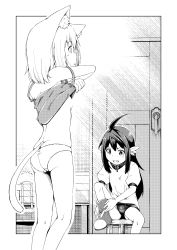 2girls absurdres ahoge animal_ear_fluff animal_ears ass boots breasts buruma camisole camisole_lift cat_ears cat_girl cat_tail clenched_teeth clothes_lift collar fang greyscale gym_uniform highres knee_up loli long_hair monochrome multiple_girls no_nipples no_pants original panties pointy_ears shirt short_hair small_breasts spread_legs tail teeth thighs underwear underwear_only undressing yuzuki_kei