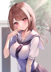  1girl black_skirt blurry blurry_background blush breasts brown_eyes brown_hair closed_mouth collarbone commentary_request dot_nose eyelashes finger_to_mouth fingernails hand_to_own_mouth highres large_breasts long_hair looking_at_viewer mizukanayuki original outdoors pleated_skirt red_eyes sailor_collar school_uniform serafuku shirt short_sleeves sidelocks skirt solo standing sunlight swept_bangs tree uniform white_sailor_collar white_shirt  rating:Sensitive score:7 user:danbooru