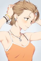 10s 1girl adjusting_hair aida_takanobu armpits bangle bare_shoulders bra_strap bracelet breasts brown_hair camisole crescent crescent_earrings earrings eyelashes green_eyes grey_hair idolmaster idolmaster_cinderella_girls jewelry kimura_natsuki light_smile looking_away looking_to_the_side necklace parted_lips pendant short_hair simple_background solo spaghetti_strap star_(symbol) upper_body rating:Sensitive score:56 user:danbooru