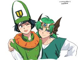  2boys :d arm_around_shoulder black_hair buttons clift closed_mouth commentary_request dragon_quest dragon_quest_iv earrings green_hair green_hat hat hero_(dq4) jewelry looking_at_viewer male_focus multiple_boys one_eye_closed open_mouth purple_eyes shirt short_hair simple_background slime_(dragon_quest) smile tktrkgy translation_request white_background white_shirt wing_hair_ornament 