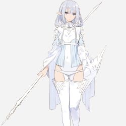  1girl boots breasts covered_erect_nipples elf grey_hair hair_between_eyes kawaguchi_(mojacome) long_hair original pointy_ears small_breasts solo staff thigh_boots thighhighs thighs white_background white_thighhighs wide_sleeves  rating:Sensitive score:6 user:danbooru