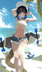 1girl animal arknights arms_up beach bikini bikini_under_shorts bird black_choker black_hair blue_bird blue_eyes blue_hair blue_shorts breasts brown_tail choker closed_mouth commentary_request day denim denim_shorts earrings eunectes_(arknights) eunectes_(forgemaster)_(arknights) foot_out_of_frame hat high_priest_(arknights) highres jewelry looking_at_viewer medium_breasts multicolored_hair necklace no_navel ocean official_alternate_costume outdoors pointy_ears sankichi_(croquette_crab) short_hair short_shorts shorts side-tie_bikini_bottom skateboard snake_girl snake_tail solo standing streaked_hair sunlight swimsuit tail unfinished white_bikini white_hat wristband