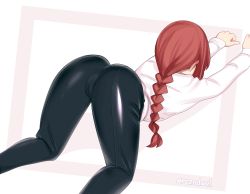  1girl ass ass_focus bad_id bad_pixiv_id bad_twitter_id braid braided_ponytail chainsaw_man collared_shirt female_focus formal high_heels highres long_sleeves makima_(chainsaw_man) medium_hair necktie red_hair rezodwel self-upload shiny_clothes shirt sidelocks simple_background solo suit white_background white_shirt  rating:Questionable score:161 user:abdulajfo_eotwpt