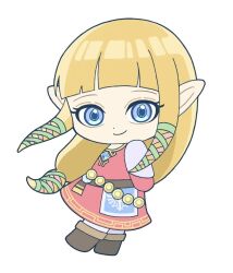  1girl blonde_hair blue_eyes chibi commentary_request dress full_body highres jimaku_726 looking_at_viewer nintendo pointy_ears princess_zelda simple_background smile solo the_legend_of_zelda the_legend_of_zelda:_skyward_sword 