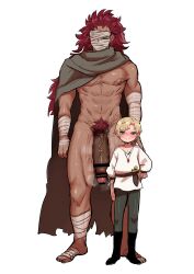  2boys abs age_difference bandaged_arm bandaged_face bandaged_foot bandages bar_censor blonde_hair blue_eyes blush cape censored closed_mouth clothed_male_nude_male height_difference knife kusonikumarukun large_penis long_hair male_focus male_pubic_hair multiple_boys muscular muscular_male naughty_face navel nipples nude pectoral_cleavage pectorals penis pubic_hair red_hair scar scar_on_chest short_hair shota size_difference standing testicles white_background yaoi  rating:Explicit score:11 user:TickTack