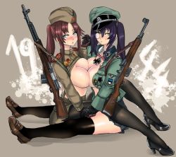  2girls black_gloves black_hair black_legwear blue_eyes blush breast_press breasts brown_gloves brown_hair cleavage clothes_lift cross earrings german_clothes gloves green_eyes gun hat high_heels huge_breasts iron_cross jewelry loafers long_hair looking_at_viewer military military_hat military_uniform multiple_girls open_clothes original own_hands_clasped own_hands_together pantyhose panzer_(p.z) red_star rifle shoes sitting skirt soviet star_(symbol) sweatdrop symmetrical_docking thighhighs twintails uniform weapon world_war_ii  rating:Questionable score:29 user:danbooru