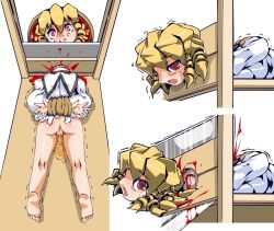  1girl anus ass blonde_hair blood bound death decapitation execution guillotine guro loli luna_child peeing pussy red_eyes sukiyo touhou  rating:Explicit score:391 user:anon56