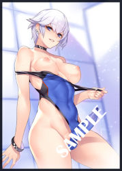 1futa ban!_(bansankan) bare_shoulders blue_eyes bracelet breasts censored censored_by_text choker contrapposto covered_navel erection futanari gluteal_fold jewelry looking_at_viewer medium_breasts nipples one-piece_swimsuit penis sample_watermark silver_hair smile solo swimsuit testicles topless undressing watermark rating:Explicit score:45 user:danbooru