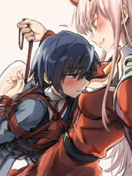  10s 1boy 1girl black_hair blue_eyes blush bound breasts commentary_request couple darling_in_the_franxx femdom green_eyes hair_ornament hairband herozu_(xxhrd) hetero hiro_(darling_in_the_franxx) horns long_hair long_sleeves medium_breasts military military_uniform necktie no_legwear oni_horns pink_hair red_horns red_neckwear rope short_hair tied_up uniform white_hairband zero_two_(darling_in_the_franxx)  rating:Sensitive score:54 user:danbooru