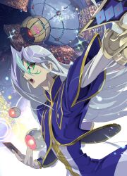  1boy artist_logo artist_name blue_jacket card cropped_jacket duel_disk dyson_sphere e_volution facial_mark green_hair grey_hair highres holding holding_card jacket long_hair male_focus multicolored_hair number_9_dyson_sphere open_mouth orange_eyes outstretched_arm purple_hair solo streaked_hair trading_card v_(yu-gi-oh!) yu-gi-oh! yu-gi-oh!_zexal 