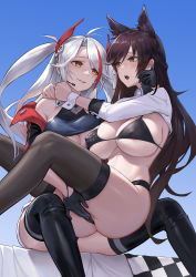  2girls animal_ears areola_slip atago_(azur_lane) atago_(stunning_speedster)_(azur_lane) azur_lane black_footwear black_gloves black_hair black_legwear blue_background blush boots breasts brown_eyes carrying commission covered_erect_nipples dog_ears eyebrows_hidden_by_hair feet_out_of_frame fingering fingering_through_clothes fingering_through_panties gloves gradient_background headset highres large_breasts long_hair long_sleeves looking_at_another mole mole_under_eye multicolored_hair multiple_girls off_shoulder official_alternate_costume open_mouth parted_lips princess_carry prinz_eugen_(azur_lane) prinz_eugen_(final_lap)_(azur_lane) race_queen red_hair sideboob silver_hair sitting smile streaked_hair thigh_boots thighhighs thighs through_clothes underboob wrist_cuffs yuri zero_a  rating:Questionable score:167 user:danbooru