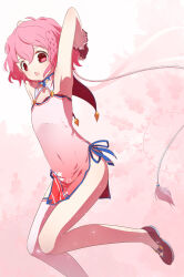  1boy armpits arms_behind_head arms_up blue_ribbon braid china_dress chinese_clothes commentary covered_navel crossdressing dress english_commentary foot_out_of_frame highres looking_at_viewer mole mole_under_eye open_mouth pink_dress pink_eyes pink_hair pretty_series pripara reona_west ribbon ruru_ashihara shoes short_hair side_braid side_slit solo standing trap 
