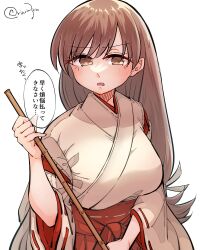  1girl blush breasts broom brown_eyes brown_hair commentary_request hakama highres holding holding_broom japanese_clothes kantai_collection large_breasts long_hair looking_at_viewer low-tied_long_hair matsunaga_(haku) miko ooi_(kancolle) open_mouth ribbon-trimmed_sleeves ribbon_trim simple_background solo translation_request twitter_username upper_body white_background 