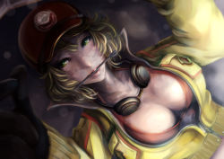  10s 1girl bad_id bad_pixiv_id baseball_cap bikini bikini_top_only black_gloves blonde_hair bra breasts cidney_aurum cleavage cropped_jacket curly_hair dirty dirty_face dutch_angle female_focus final_fantasy final_fantasy_xv gloves goggles goggles_around_neck green_eyes hat high_collar jacket large_breasts lips looking_at_viewer lying mouth_hold nose on_back open_clothes open_jacket pecolondon short_hair solo swimsuit underwear unzipped wrench zipper  rating:Sensitive score:49 user:dmysta3000