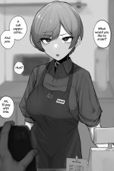  1boy 1girl absurdres apron blush breasts cash_register commentary earrings english_text greyscale highres jewelry looking_at_viewer microwave mole mole_under_mouth monochrome original pov short_hair translated waku2kitchen  rating:Questionable score:90 user:Flayer