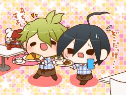  2boys ahoge alternate_costume amami_rantaro antenna_hair apron bear black_eyes black_footwear black_hair blue_shirt bow brown_apron brown_bow brown_pants buttons chibi collared_shirt commentary_request cup danganronpa_(series) danganronpa_v3:_killing_harmony drink drinking drinking_straw ear_piercing earrings eyelashes eyes_visible_through_hair flying_sweatdrops food glass green_hair grey_scarf grid_background holding holding_cup holding_plate ice ice_cube jewelry light_blush long_sleeves male_focus monotaro_(danganronpa) multiple_boys multiple_piercings nervous nervous_sweating notice_lines on_chair open_mouth pacifier pants piercing pink_background plaid plaid_shirt plate polka_dot polka_dot_background saihara_shuichi scarf shadow shirt shoes short_hair simple_background sitting sleeves_past_fingers sleeves_past_wrists smile solid_oval_eyes star_(symbol) starry_background stud_earrings sweat table teacup translation_request uniform unmoving_pattern v-shaped_eyebrows waist_apron waist_bow waiter whipped_cream yumaru_(marumarumaru) 