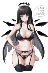  1girl arknights bare_arms bare_shoulders black_bra black_eyes black_garter_belt black_hair black_halo black_panties black_thighhighs black_wings blush bra breasts bright_pupils broken_halo cleavage collarbone commentary cropped_legs energy_wings fangs_(fangs_art) garter_belt gluteal_fold groin halo hand_on_own_hip highres large_breasts long_hair looking_at_viewer mole mole_under_eye navel panties simple_background smile solo standing stomach thigh_gap thighhighs thighs underwear very_long_hair virtuosa_(arknights) white_background white_pupils wings 