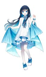  1girl absurdres ascot bare_shoulders black_hair blue_ascot blue_eyes blue_footwear blue_hair blue_shawl brooch buttons cevio collared_dress colored_inner_hair dress full_body futaba_minato hair_ornament hairclip hand_up highres hitoba jewelry long_hair looking_at_viewer multicolored_hair official_art open_mouth scrunchie second-party_source shawl simple_background sleeveless sleeveless_dress smile solo standing tachi-e transparent_background white_dress wrist_scrunchie 