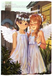  2girls alphonse_(white_datura) artist_request black_hair blush brown_hair costume dress fake_wings female_focus flat_chest glasses highres loli looking_at_viewer multiple_girls nipples no_panties outdoors pussy pussy_peek see-through sketch smile tagme text_focus wings  rating:Explicit score:222 user:hentazo