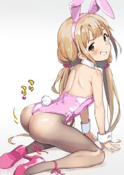  1girl all_fours animal_ears ankle_ribbon ass black_pantyhose blush commentary_request fake_animal_ears futaba_anzu grin hairband high_heels idolmaster idolmaster_cinderella_girls leg_ribbon leotard light_brown_hair loli looking_at_viewer mirakichi pantyhose pink_footwear pink_hairband pink_leotard rabbit_ears rabbit_tail ribbon shoulder_blades simple_background smile solo tail twintails white_background 