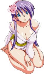  00s 1girl ass bare_shoulders barefoot blue_eyes breasts cleavage covered_erect_nipples flower frown hands_on_feet highres japanese_clothes kimono large_breasts light_purple_hair lou_roux pink_ribbon ribbon shinkon_gattai_godannar!! sitting thighs wariza  rating:Sensitive score:31 user:DestPrince