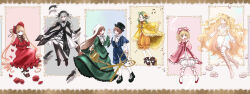  6+girls absurdres black_dress black_feathers blonde_hair bloomers blue_eyes blush bonnet boots bow brown_hair cape cup dress drill_hair feathers flower flower_over_eye food frilled_dress frilled_sleeves frills fruit full_body gothic_lolita green_dress green_eyes green_hair grey_hair hair_bow hair_ornament hairband hat head_scarf heterochromia highres hinaichigo holding holding_cup holding_hands holding_saucer holding_scissors holding_watering_can juliet_sleeves kanaria kirakishou kodona lolita_fashion lolita_hairband long_hair long_sleeves looking_at_viewer looking_to_the_side medium_hair multiple_girls musical_note open_mouth parted_lips petals pine_(pineapple5459) pink_bow pink_dress platform_footwear porkpie_hat puffy_sleeves red_cape red_dress red_eyes red_flower red_rose ringlets rose rozen_maiden saucer scissors shinku short_hair shorts siblings sisters smile souseiseki strawberry suigintou suiseiseki teacup thigh_boots twin_drills twintails underwear very_long_hair watering_can wavy_hair white_bloomers white_dress white_flower white_rose yellow_dress yellow_eyes 