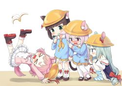 &gt;_&lt; 4girls ahenn animal_ears arm_hug arms_up azur_lane banana_peel bandaid bandaid_on_knee bandaid_on_leg bare_shoulders bell blouse blue_shirt blunt_bangs blush boots bow bowtie brown_footwear brown_hair candy cat_ears cat_girl cat_tail collarbone commentary_request dog_ears dog_girl dog_tail ears_through_headwear eating food green_eyes green_hair hair_between_eyes hair_bow hand_on_own_knee hat hat_ribbon holding holding_candy holding_food holding_lollipop jingle_bell kindergarten_uniform kisaragi_(azur_lane) kneehighs lifebuoy lollipop long_hair looking_at_another loose_socks mary_janes mikazuki_(azur_lane) multiple_girls mutsuki_(azur_lane) neckerchief no_shoes nose_blush off_shoulder open_mouth outstretched_arms pantyhose pink_hair pink_neckwear pink_shirt pleated_skirt pocket profile purple_eyes red_bow red_ribbon ribbon school_hat shirt shoes short_hair skirt slipping socks squatting striped_clothes striped_legwear striped_socks swim_ring tail tail_bell tail_bow tail_ornament taiyaki thick_eyebrows unworn_hat unworn_headwear uzuki_(azur_lane) very_long_hair wagashi wavy_mouth white_background white_legwear white_skirt yellow_hat yellow_neckwear yellow_skirt rating:Sensitive score:7 user:danbooru