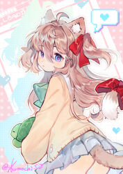  1girl absurdres ahoge animal_ears ass blue_eyes blue_skirt bow bowtie brown_hair cardigan cat_ears cat_tail green_bow green_bowtie grid hair_between_eyes hair_bow hair_ornament hairclip heart heart_hair_ornament highres indie_virtual_youtuber light_blush light_brown_hair loading_screen long_hair looking_at_viewer looking_to_the_side neuro-sama paki2000 pink_background pixel_art pixel_heart pixel_text pleated_skirt red_bow school_uniform serafuku skirt solo star_(symbol) starry_background tail tail_bow tail_ornament turtle twitter_username two_side_up vedal987 virtual_youtuber yellow_cardigan 